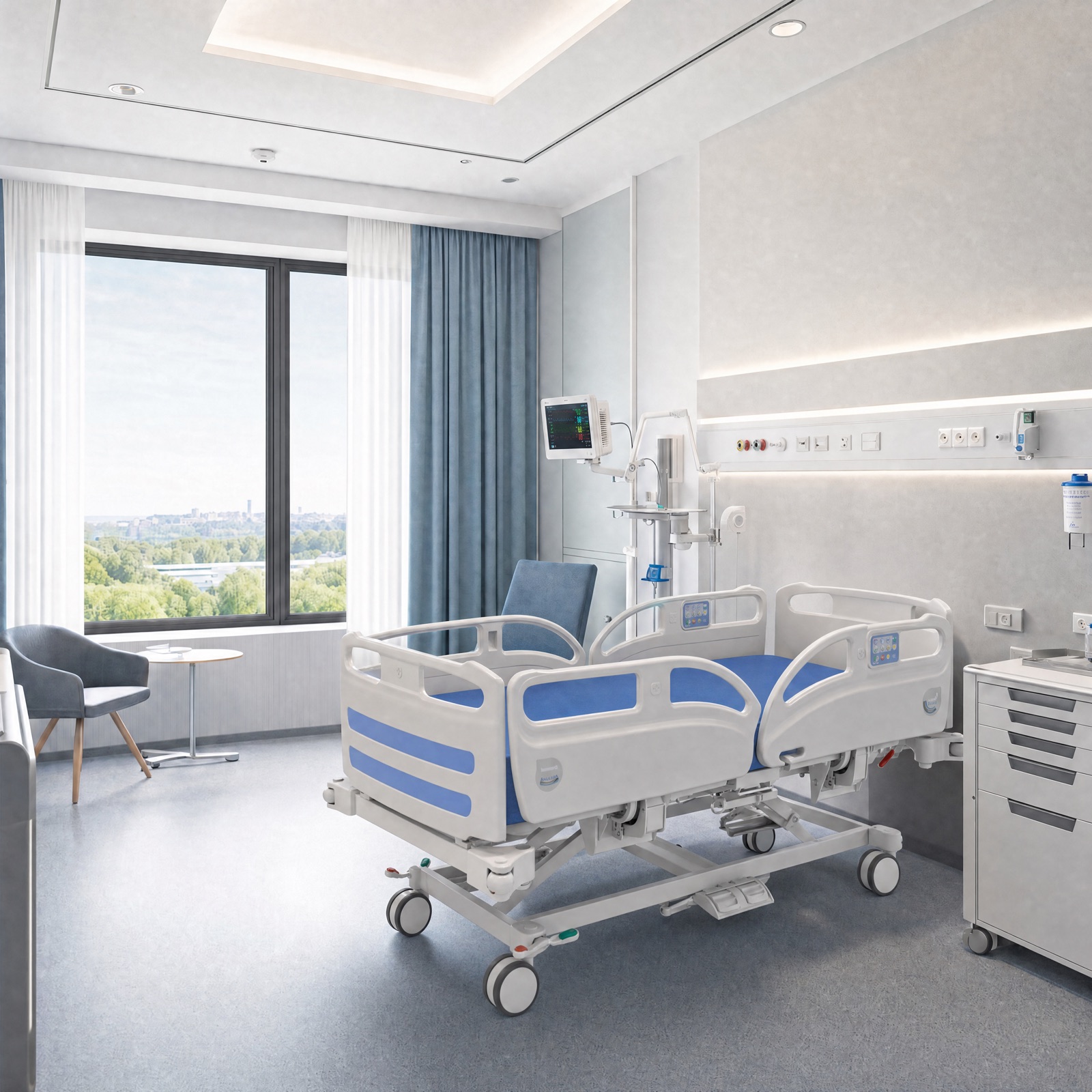 Habitación hospitalaria moderna equipada con cama clínica europea
